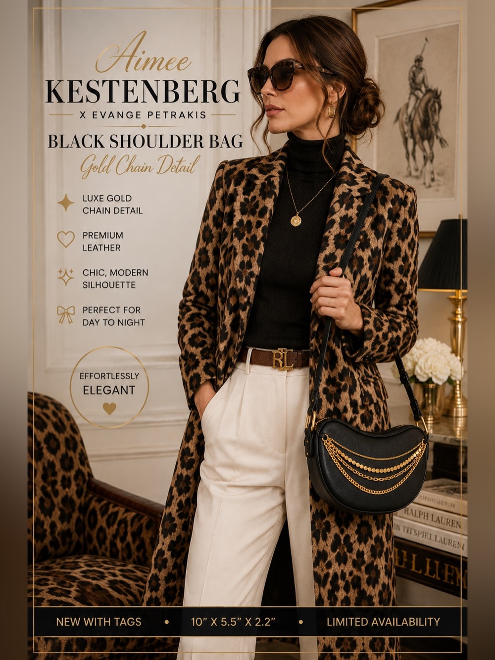 Aimee KESTENBERG X Evange Petrakis Black Shoulder Bag - Gold Chain Detail NWT - Picture 4 of 16